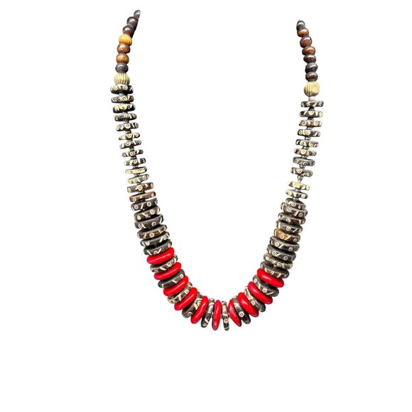 Vintage Coral and Brown Wooden Beaded Necklace Bohemian Boho Retro - Picture 1 of 7